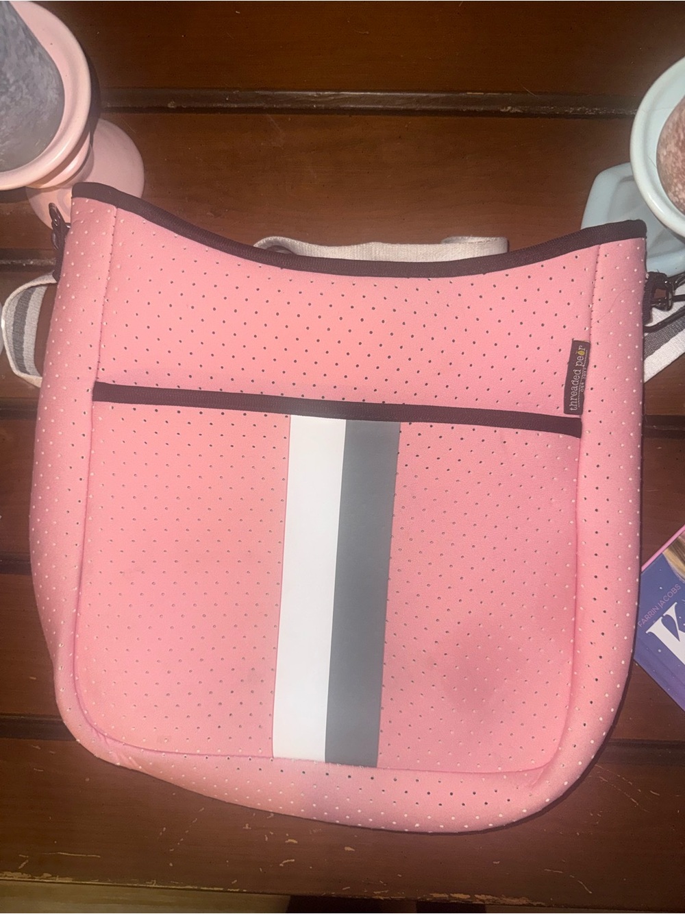 Threaded Pear Pink Neoprene Crossbody Bag with Stripe Accent